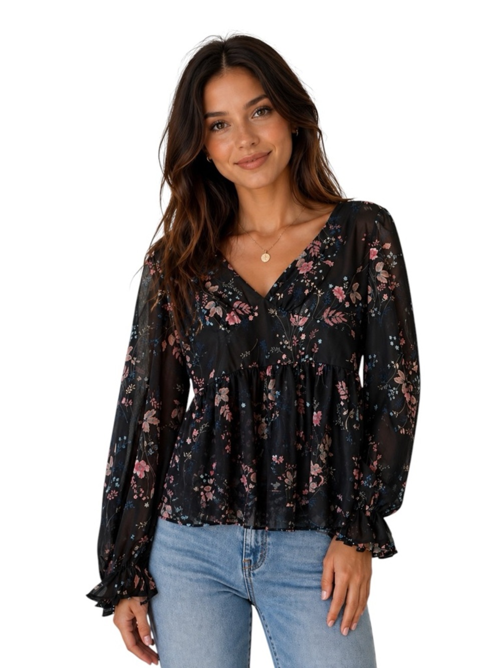 Forever 21 Black Floral Peplum Semi Sheer Blouse Size Small